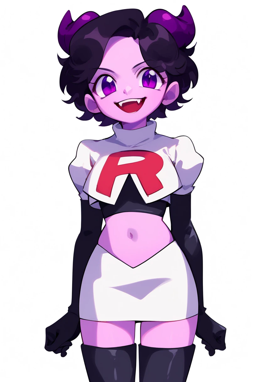 jellybean_yt, solo, looking at viewer, smile, short hair, open mouth, black hair, 1girl, white background, purple eyes, female focus, horns, teeth, colored skin, fangs, team rocket,team rocket uniform,white skirt,red letter R,crop top,black thigh-highs,black elbow gloves, source