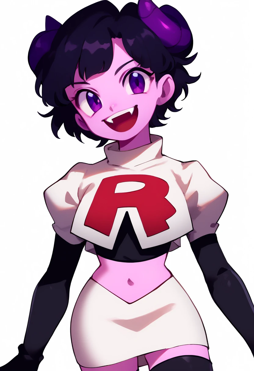 jellybean_yt, solo, looking at viewer, smile, short hair, open mouth, black hair, 1girl, white background, purple eyes, female focus, horns, teeth, colored skin, fangs, team rocket,team rocket uniform,white skirt,red letter R,crop top,black thigh-highs,black elbow gloves, source