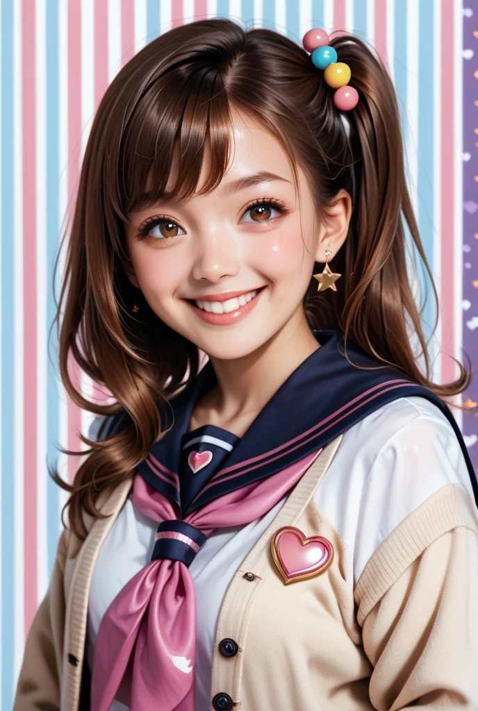 Ichige Style,  One girl , Alone, Brown Hair, heart,  hair accessories,  school uniform,  side ponytail, smile,  viewers,  neckerchief ,  upper body, heart  hair accessories,  cardigan ,  sailor color , Sera Clothing, black  sailor color , bangs,  yellow eyes,   closed mouse,  long hair,  brown eyes, purple  neckerchief ,  striped  background, clavicle,  striped ,  polka dot , star (symbol)