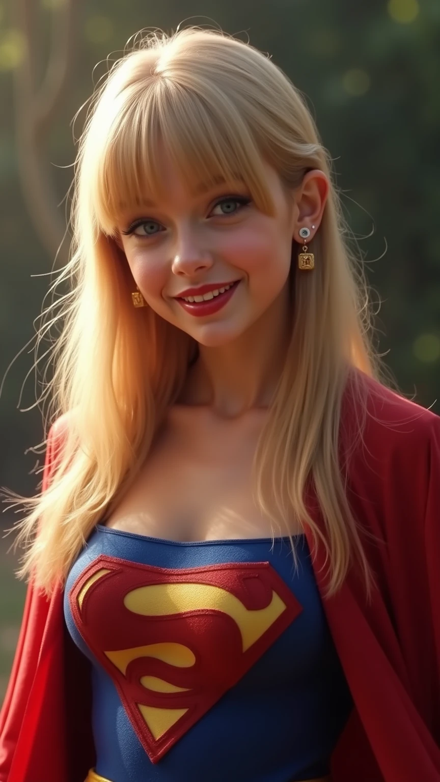 1girl, supergirl, 1980s costume, High Resolution, Breasts, Blush, BLONDE, long Hair, Bangs, Solo, Long Hair, Looking at viewer, Smile, Open Mouth, Blue eyes, Backlighting, Film Grain, Bokeh, cinematic, 4k, HD