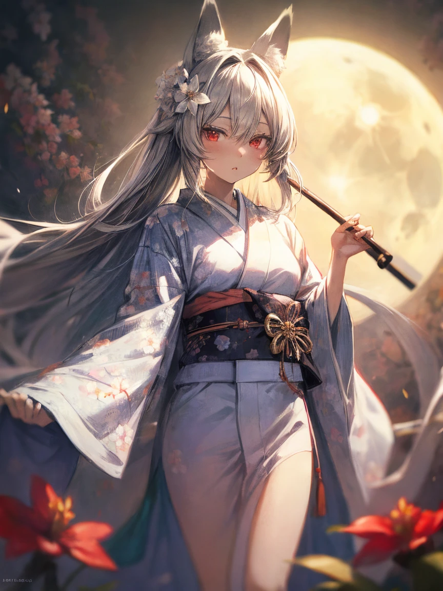 (masterpiece, highest quality:1.2),pixiv,  
1 girl, alone, long hair, moon,  kimono,  kimono, gray hair, looking at the viewer, animal ears, red eyes, long sleeve, bangs, full moon, wide sleeve, Flower pattern, hair ornaments, tassel, hair between eyes, flower, Are standing, parted lips, fox ears, animal ears' cotton fur, white  kimono, hair flower, print  kimono, very long hair, white flower, legs stick out from frame