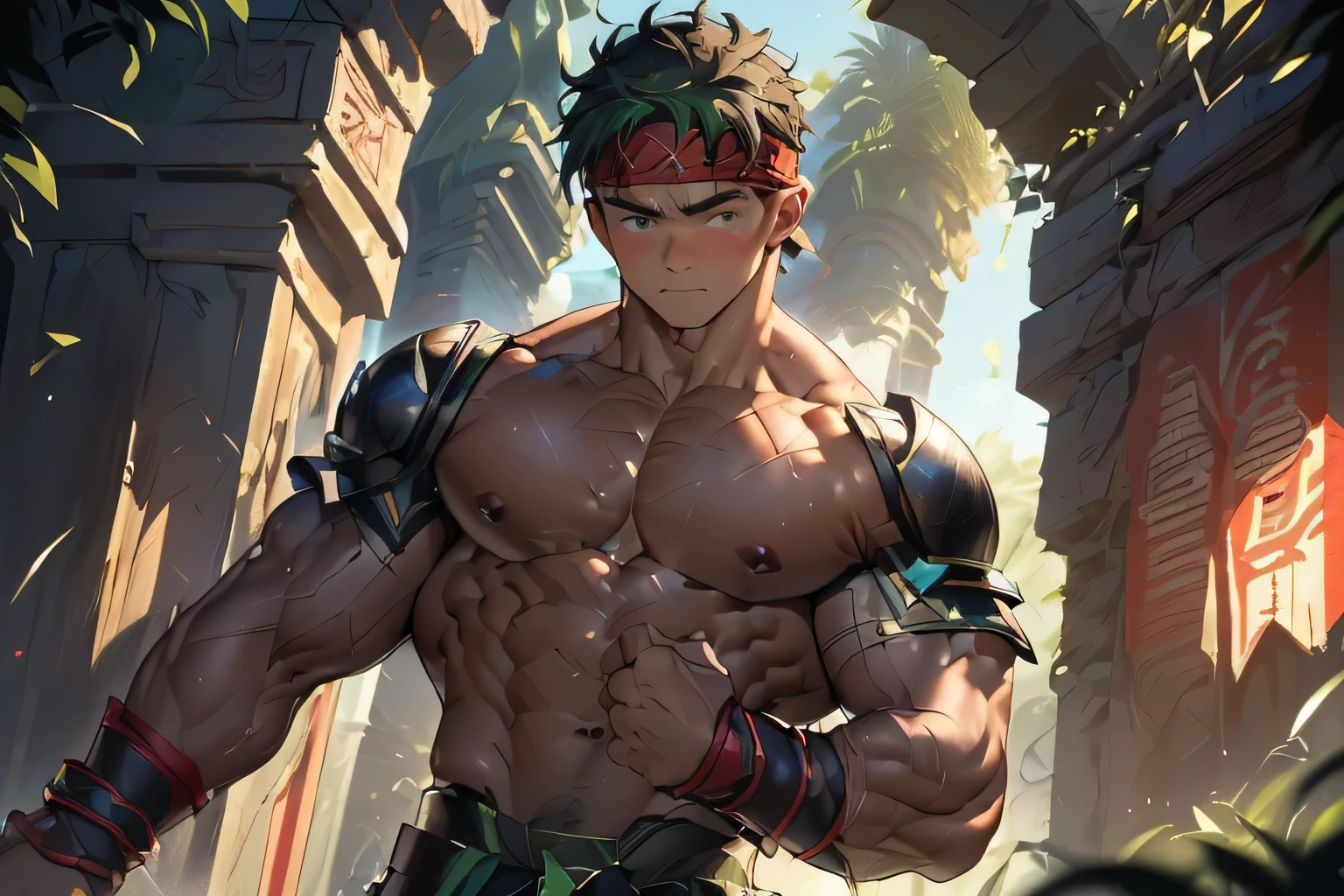 ((masterpiece, best quality, stalwart, (Depth of field:1.2))), (((((upper body, dynamic angle, ambient light))))), (worm green eyes, Young boy, muscler, Shirtless, topless, floating hair), ((((1boy, flesh, tough, reliable, developed body)))), (Dark Short straight hair, green eyes, ((almost completely shaved hair)), under cut), (((red headband, black trouser, garter belt, boots, gladiator armor:1.2))), Vivid colors, ((big breast, big abs, big shoulder, muscular body, sturdy body, defined round and fleshy pecs, defined round and fleshy ABS, defined round and fleshy armsmuscular, well-defined muscles, shouldermuscler)), muscler!, muscler body, detailed face, detailed muscle, (((rippling muscles, Flowing energy, wearing wind to emphasize the power of his aura. Highlight his aura, blue and green aura effect, wearing energy stream, random pose:1.2, Standing at the entrance of the abyss where impenetrable darkness extends, I find an unknown pillar engraved with intricate runes.)))