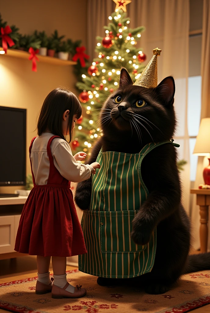 ultra-realistic, photorealistic, dramatic scene, shadow, global-illumination, (the human-like very large black cat with vertical striped green apron is standing in the stylish Japanese apartment room), (A beautiful with cute Japanese 20 years old girl and ************** girl are decorating a cat as a Christmas tree), (a cat wearing a star shaped hat with Christmas illumination), (the very cute blonde haired Japanese ************** girl), (20 years old girl with shoulder-length brown hair), the girls look so happy, a TV and table and shelf are in the room, gorgeously decorated with Christmas decorations