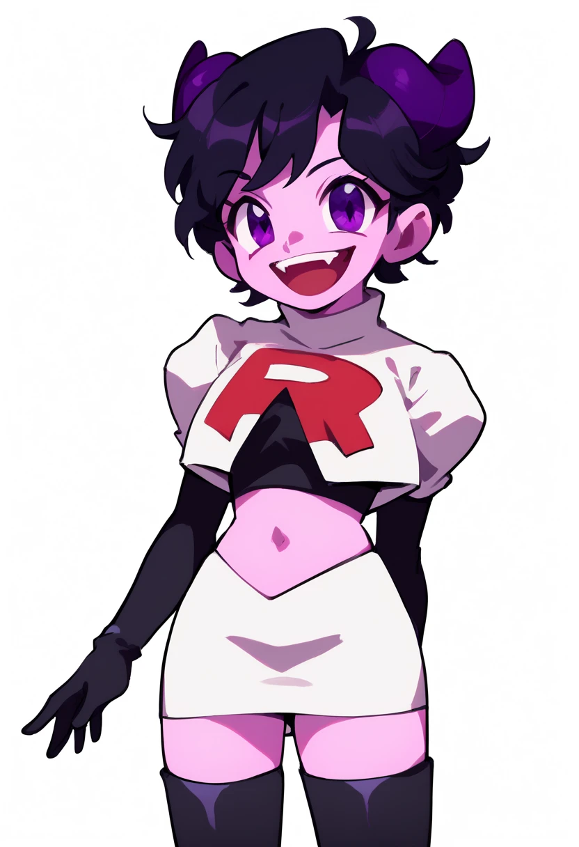 jellybean_yt, solo, looking at viewer, smile, short hair, open mouth, black hair, 1girl, white background, purple eyes, female focus, horns, teeth, colored skin, fangs, team rocket,team rocket uniform,white skirt,red letter R,crop top,black thigh-highs,black elbow gloves, source