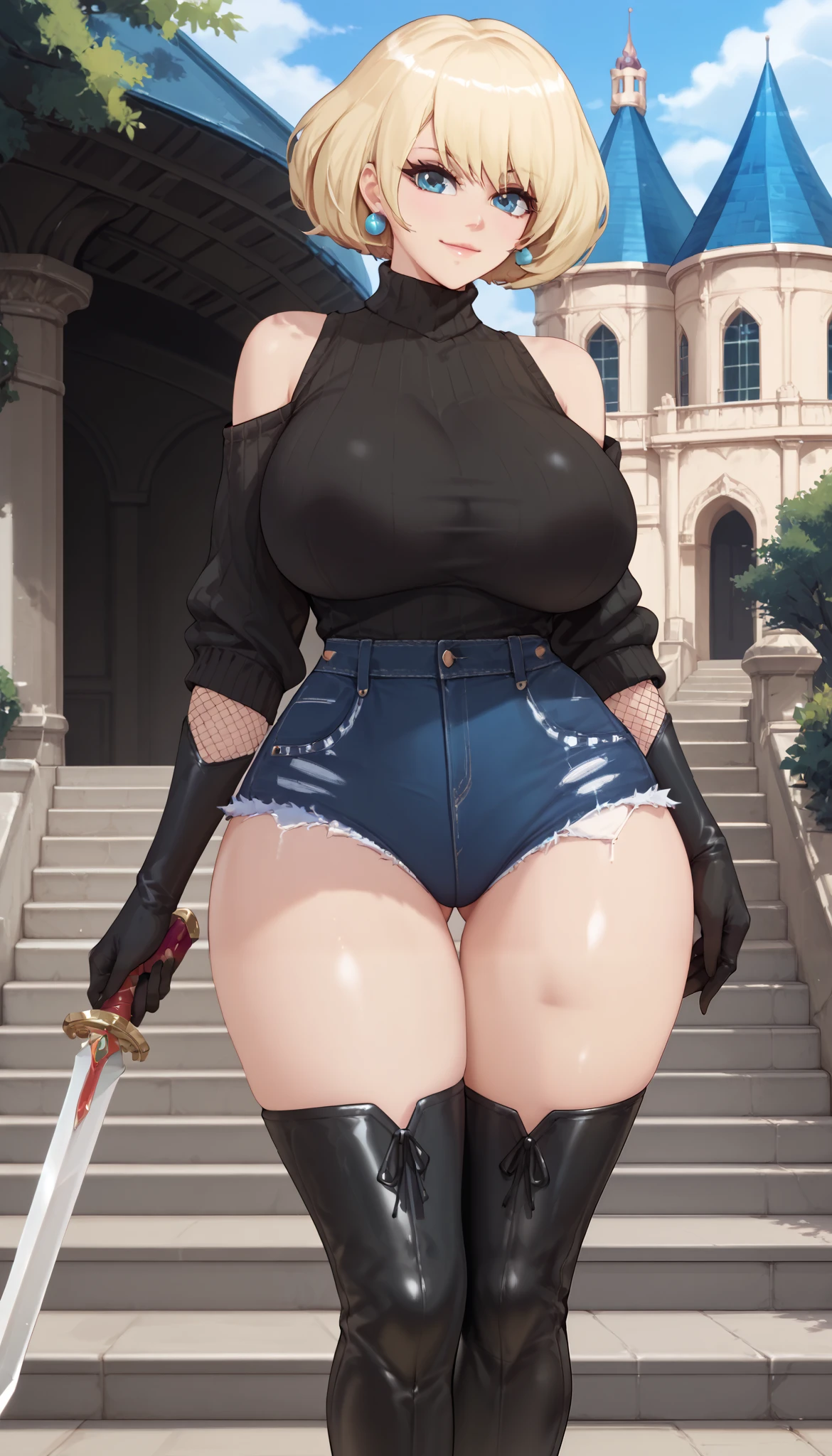 score_9,score_8_up,score_7_up,score_6_up,score_5_up,alienquestellen,short hair,blonde hair,curvy,huge breasts,bubble butt,ass visible through thighs,outdoors, castle Camelot, smile closed mouth ring earring locking at viewer large breasts huge breasts , blue eyes ,,,,, denim, thighs, off-shoulder sweater, sneakers, socks, pantyhose, curvy, holding short sword, IgawaSakura, short shorts, elbow gloves, showgirl skirt, black highleg leotard, thigh boots, fishnets