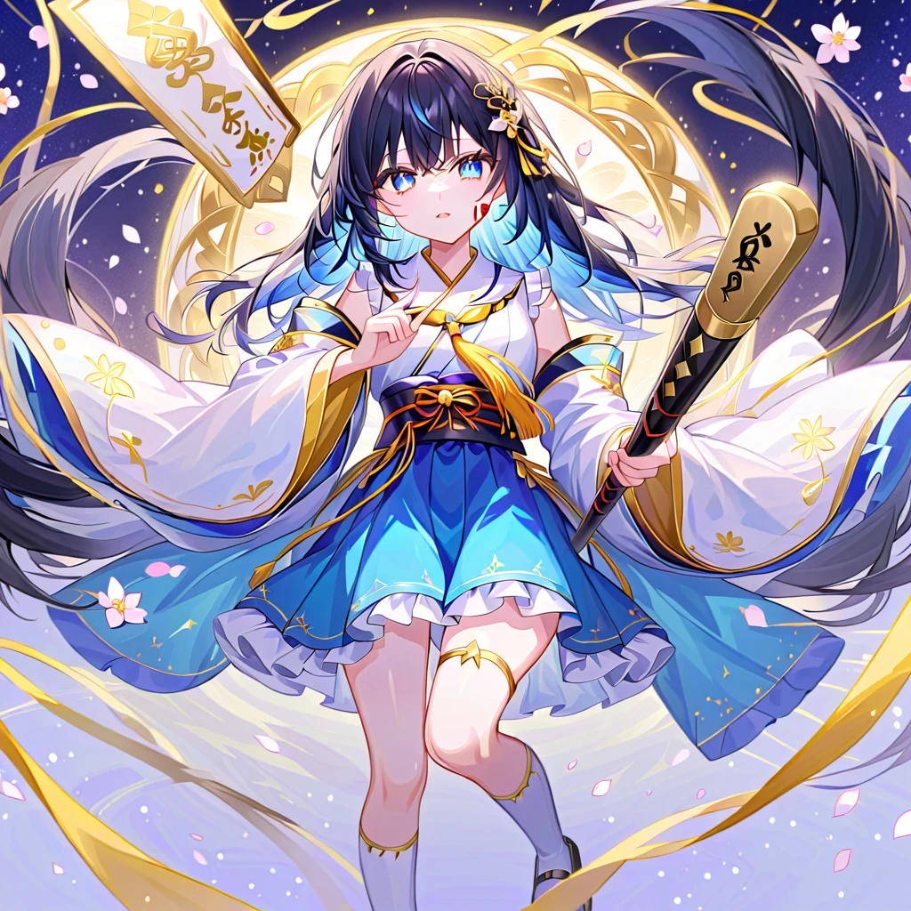 best quality, It's so beautiful that my eyes are dizzy, 1 girl, black hair, collarbone length hair, hair that turns blue towards the ends, blue hair bow, blue hair tube, blue eyes, clear eyes, beautiful, clear eyes that look like jewels, yellow ascot, blue tops, white detachable sleeves, blue midi skirt, white knee socks, black loafer, holding a "oharaibou" traditional Japanese purification rod, Attached to the handle are multiple white paper streamers called "shide," which flow gracefully. holding ofuda, one or two of which holds between index finger and middle finger, cool face, expressionless, blood on face, flying cherryblossom petals, full body, down arms, flying ofuda, shining eyes, the most beautiful eyes, the most beautiful skin, the most beautiful face, the most delicate eyes, the most delicate skin, sparkle, star \(symbol\), Beautiful color palette, maximum facial detail, maximum eye detail, maximum skin detail, maximum background detail, maximum hand detail, maximum hair detail, maximum light detail, maximum props detail, 