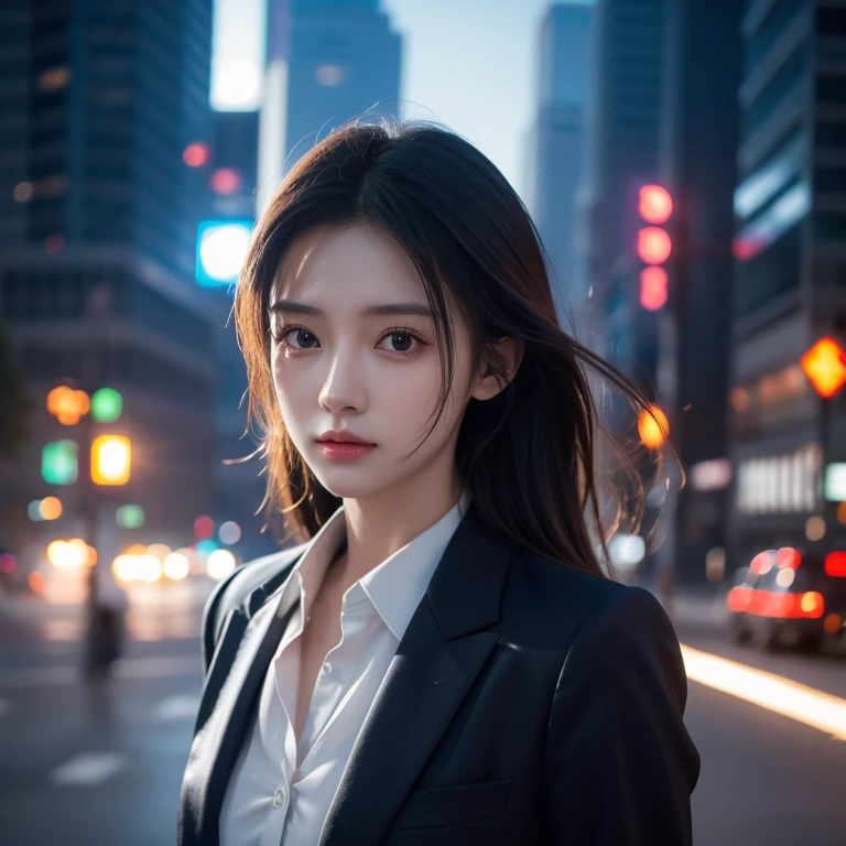 16K, HDR, RTX,  ray tracing ,  natural light, absurd, Best quality masterpiece, Perfect anatomy HD facial,  meticulous eyes , 1 Girl,  unique , Wearing a suit, shirt,  top button opens ,  Beautiful Hair , Extremely beautiful, impatient, Cool, breath, Windy,  glowing eyes ,  serious expression ,  Dystopian city ,  futuristic ,  detailed background , Awards,  neon lights , Art Station trending 