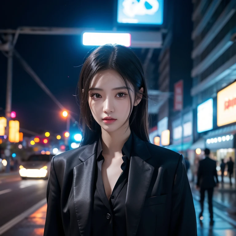 16K, HDR, RTX,  ray tracing ,  natural light, absurd, Best quality masterpiece, Perfect anatomy HD facial,  meticulous eyes , 1 Girl,  unique , Wearing a suit, shirt,  top button opens ,  Beautiful Hair , Extremely beautiful, impatient, Cool, breath, Windy,  glowing eyes ,  serious expression ,  Dystopian city ,  futuristic ,  detailed background , Awards,  neon lights , Art Station trending 