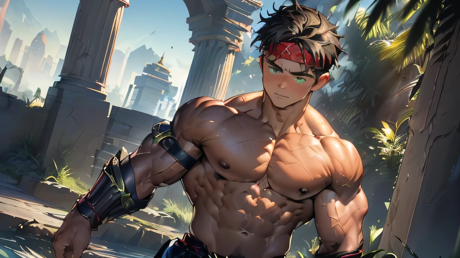 ((masterpiece, best quality, stalwart, (Depth of field:1.2))), (((((upper body, dynamic angle, ambient light))))), (worm green eyes, Young boy, muscler, Shirtless, topless, floating hair), ((((1boy, flesh, tough, reliable, developed body)))), (Dark Short straight hair, green eyes, ((almost completely shaved hair)), under cut), (((red headband, black trouser, garter belt, boots, gladiator armor:1.2))), Vivid colors, ((big breast, big abs, big shoulder, muscular body, sturdy body, defined round and fleshy pecs, defined round and fleshy ABS, defined round and fleshy armsmuscular, well-defined muscles, shouldermuscler)), muscler!, muscler body, detailed face, detailed muscle, (((rippling muscles, Flowing energy, wearing wind to emphasize the power of his aura. Highlight his aura, blue and green aura effect, wearing energy stream, random pose:1.2, Standing at the entrance of the abyss where impenetrable darkness extends, I find an unknown pillar engraved with intricate runes.)))