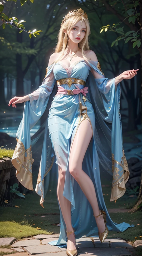 The image is a digital illustration of a young woman with long blonde hair and a crown on her head. She is wearing a blue and pink dress with gold accents and a cape draped over her shoulders. The dress has a sweetheart neckline and is cinched at the waist with a gold belt. She has a pair of gold armor on her left leg and a sword on her right leg. The woman is standing in a garden with trees and a blue sky in the background. The verall style of the illustration is elegant and regalHigh Resolution, Masterpiece, Anatomically Correct, Accurate, Best Quality, Award Winning, Detail, Damaged, HD, High Details, High Quality, Quality, Retina, Super Detailed, Textured Skin, UHD, 