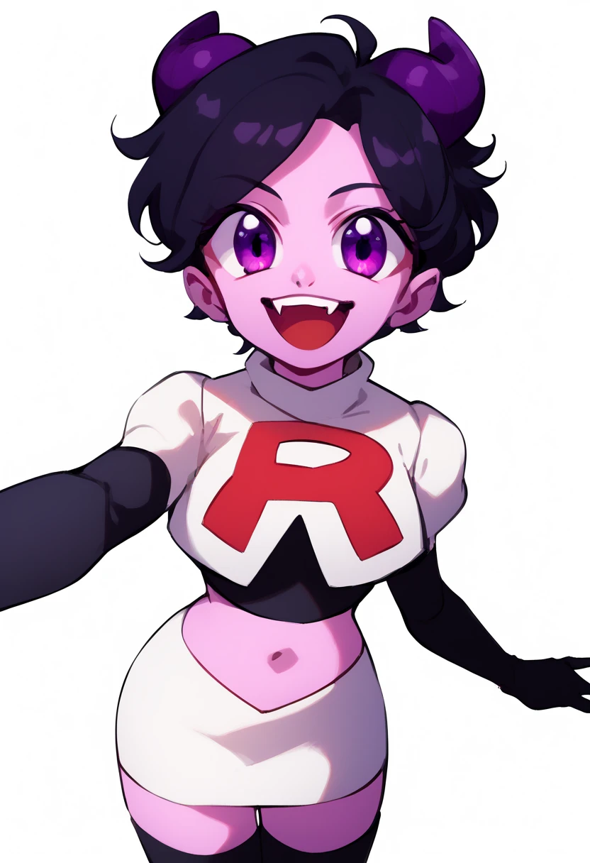 jellybean_yt, solo, looking at viewer, smile, short hair, open mouth, black hair, 1girl, white background, purple eyes, female focus, horns, teeth, colored skin, fangs, team rocket,team rocket uniform,white skirt,red letter R,crop top,black thigh-highs,black elbow gloves, source