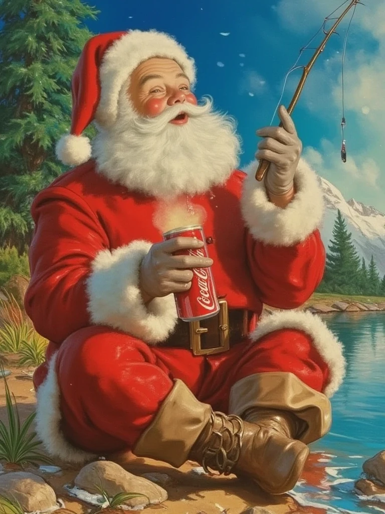 santa claus, fishing by the lake. drinking coca-cola