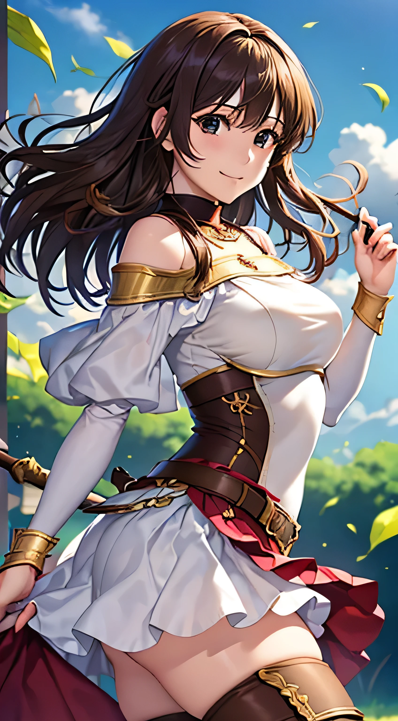 beautiful lighting, best quality, masterpiece, detailed background, shining skin, shining body, shiny skin, dynamic angle, mid shot, bewitching hips, femist, <lora:mist-nvwls-v1-final:0.8>, long hair, white scarf, orange vest, yellow dress, cleavage window, fingerless gloves, orange socks, boots, nature, mountain range, (from side:1.5), hand on own face, hand on own chest, worried expression, wind