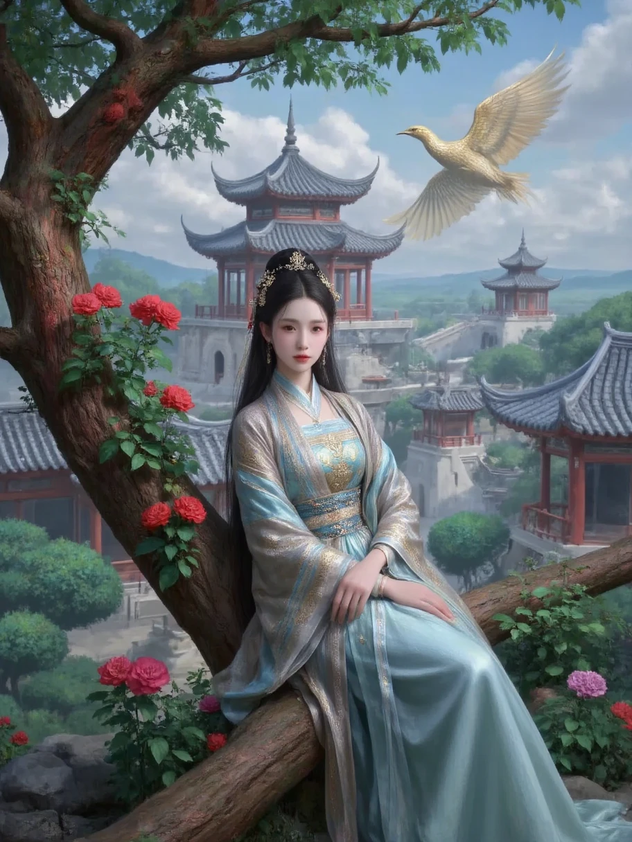 A beautiful woman with an elegant temperament, Facing the audience, wearing exquisite and gorgeous costumes from the Ming and Qing Dynasties, standing in a classical garden, The pavilions are patchwork in the garden, Greenery, shows the panorama with a top view, The light is soft natural light, It creates a quaint and elegant atmosphere, The style is similar to traditional gongbi painting, The mood is gentle and serene