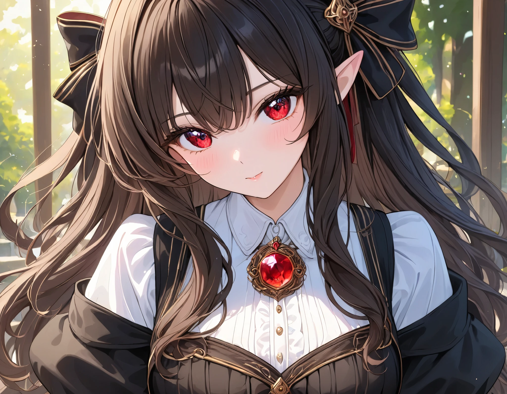 ((Best quality, 8k, Masterpiece: 1.3)), Highly detailed face and skin texture, big Black hair ribbon, brown hair, girl attending magic school, elf girl, solo, Black Robe, White blouse, red ruby ​​pendant