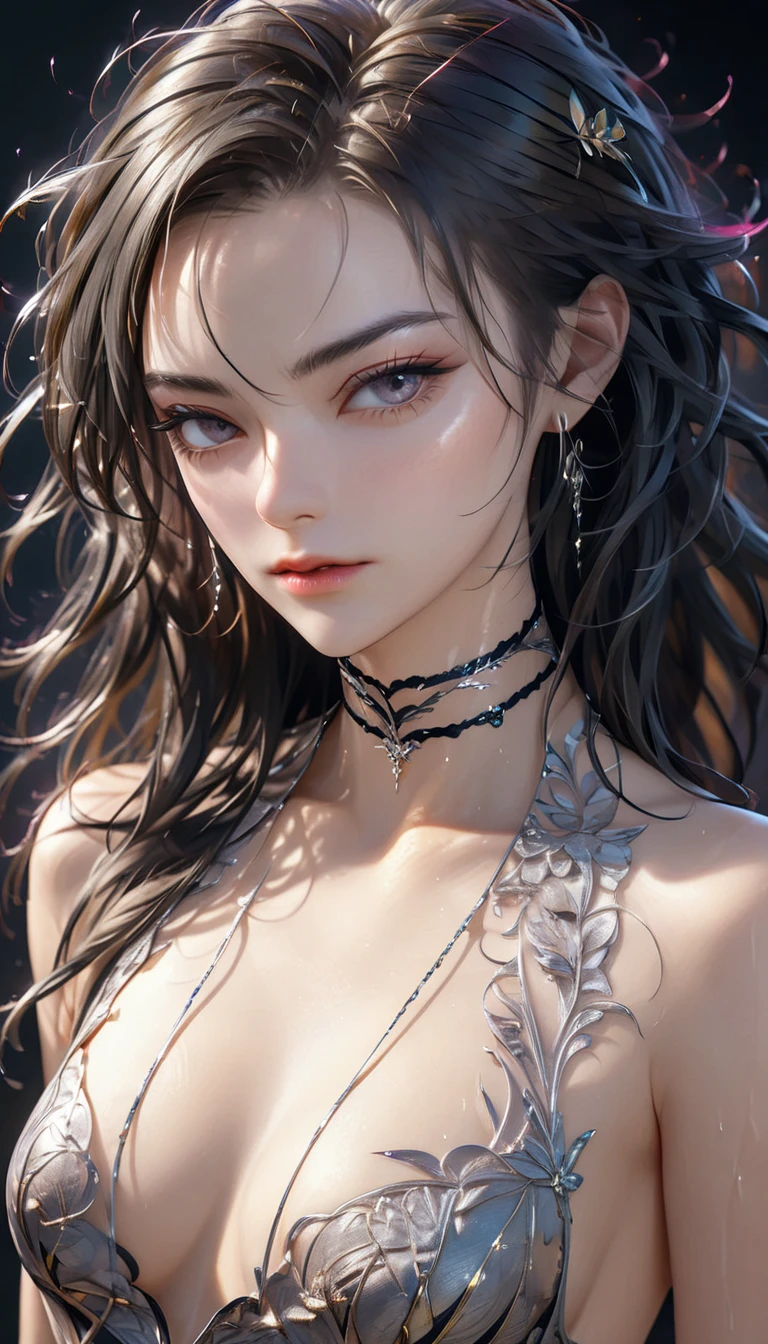 beautiful woman, cool and sadistic, amorous and lewd face, looking down with a cold gaze, make-up, beautiful messy hair, great proportion, tight suits, choker, (ultra detailed, absolutely resolution, best quality:1.3), 2.5D, delicate and dynamic, shading effects, hyper realistic, artistic photography, graphic CG digital art