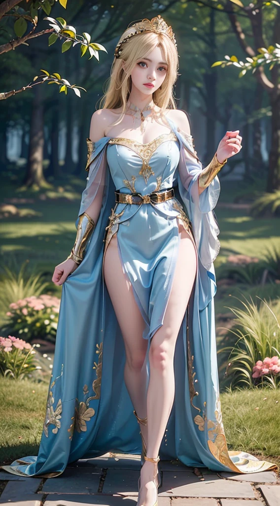 The image is a digital illustration of a young woman with long blonde hair and a crown on her head. She is wearing a blue and pink dress with gold accents and a cape draped over her shoulders. The dress has a sweetheart neckline and is cinched at the waist with a gold belt. She has a pair of gold armor on her left leg and a sword on her right leg. The woman is standing in a garden with trees and a blue sky in the background. The verall style of the illustration is elegant and regalHigh Resolution, Masterpiece, Anatomically Correct, Accurate, Best Quality, Award Winning, Detail, Damaged, HD, High Details, High Quality, Quality, Retina, Super Detailed, Textured Skin, UHD, 