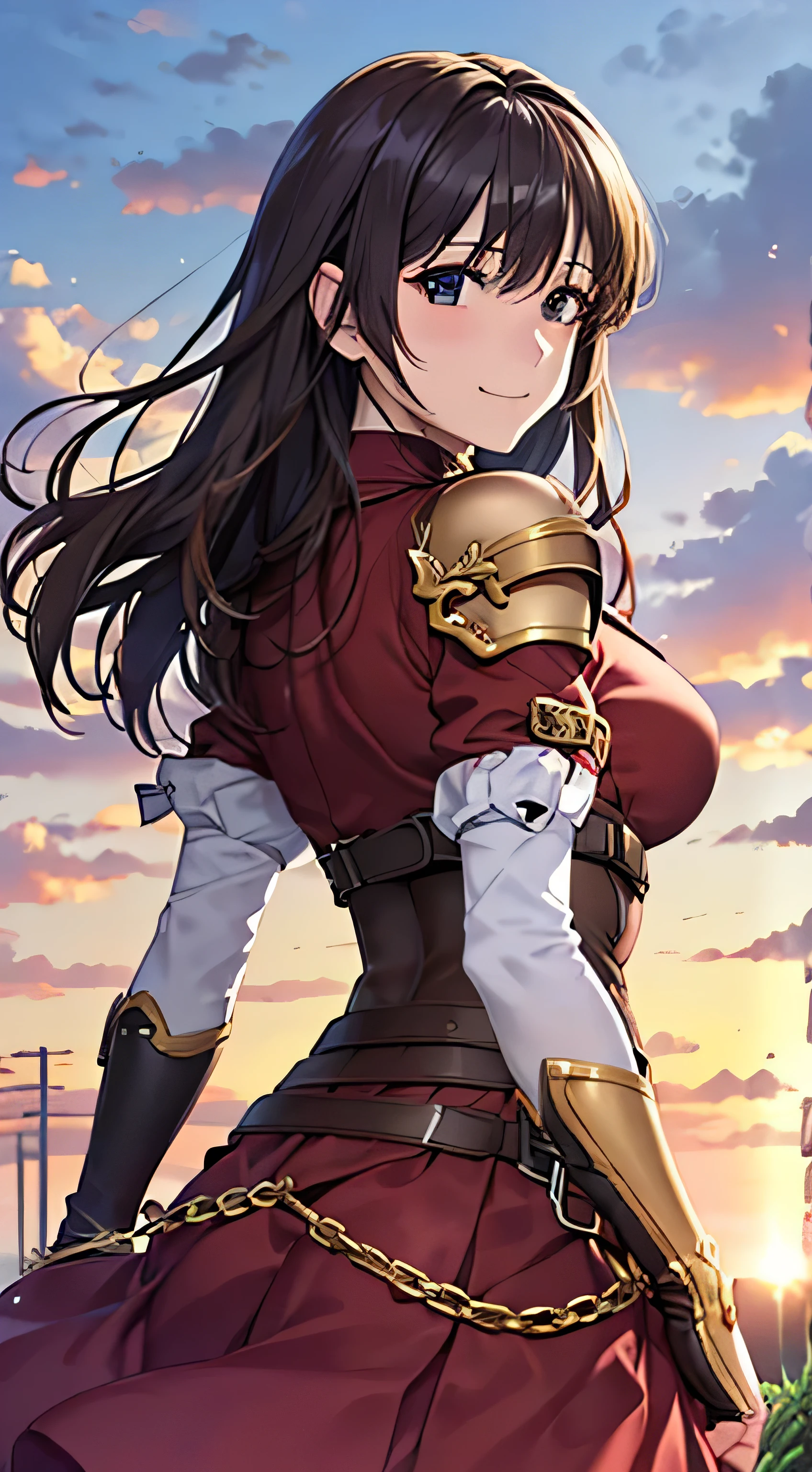(( , top quality, , Pixel Perfect , 4K,))), 1 Woman , 、 (( medium wave hair 、, light brown hair 、 )), (( brown eyes , beautiful eyelashes , realistic eyes)), (( detailed face , )), (( smooth texture:0.75, realistic texture:0.65, realistic :1.1, anime CG style)), pose using medium bust , dynamic angle , perfect body , (( , ,, , , , White and red dress , white and red long flared skirt,Gold Shoulder Armor 、 knee-high boots , gold and black arm guards , belt、 、)), ((( with no sense of incongruity , hold the skirt with your hand)))、 cross necklace 、 the wind is blowing 、 ( Vast Prairie )、I can see the sea in the distance 、、、 、( bright red bashful smile) 、 Stick Out Your Butt、、、、)、 show cleavage、