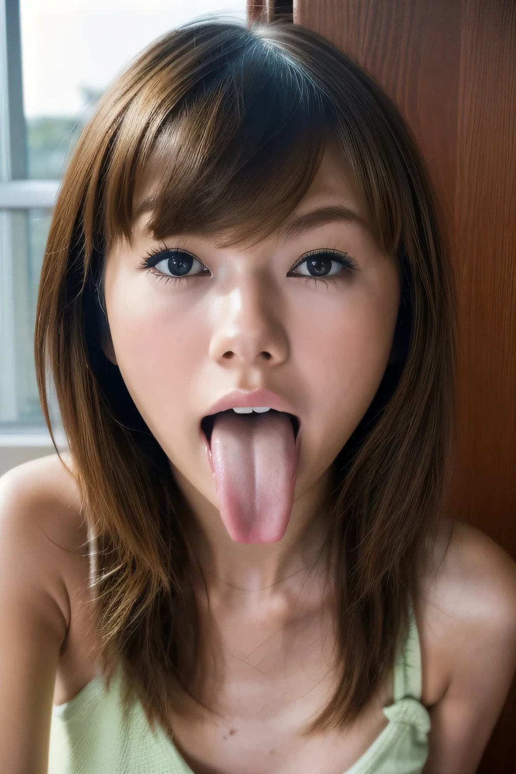  Japanese woman,  beautiful girl , , Brown Hair, *********,  Top Quality Realistic Skin ,  Focused Eyes , 20 years old,  stick out your tongue , Focus on your mouth ,   open mouth,  long tongue, saliva,   open mouth wide,  I can see the inside of my mouth,   open mouth and  stick out your tongue  , Taylor Swift