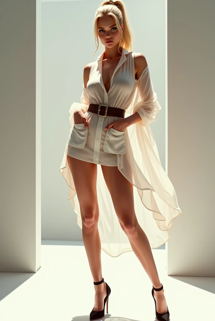 Masterpiece, best quality, highlight, 1 girl, tall figure, blonde hair, shiny skin, bra off, (((white transparent dressing gown: 1.4))), black sexy lingerie, bare legs, barefoot, smile, denim shot, on the street