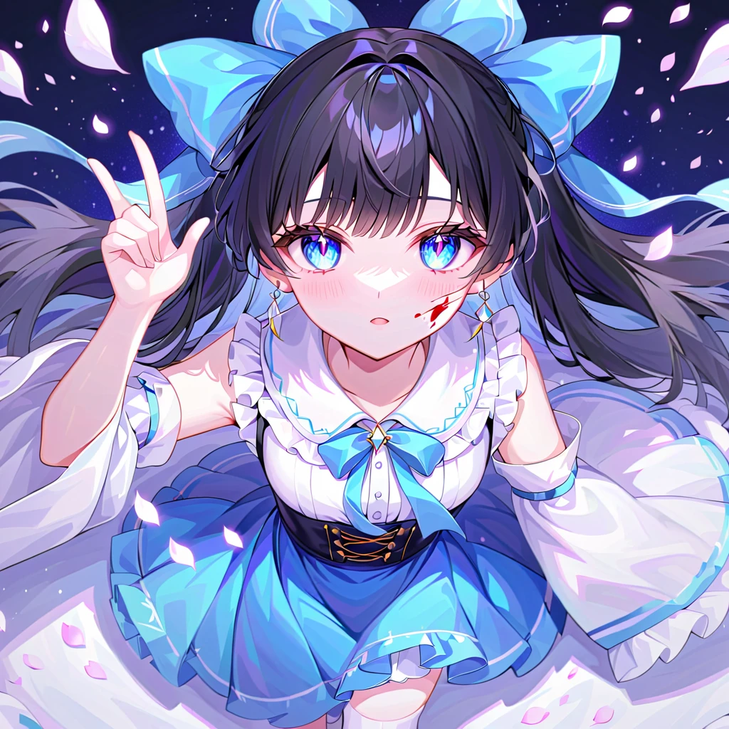 best quality, It's so beautiful that my eyes are dizzy, 1 girl, Hakurei Reimu's blue clothes version, black hair, collarbone length hair, hair that turns blue towards the ends, hair one big blue bow, blue hair tube, blue eyes, clear eyes, beautiful, clear eyes that look like jewels, blue sleeveless shirt, white collar, yellow ascot, white detachable sleeves, blue midi skirt, white knee socks, black loafer, holding ofuda, one or two of which holds between index finger and middle finger, cool face, expressionless, blood on face, flying cherryblossom petals, full body, down arms, flying ofuda, shining eyes, the most beautiful eyes, the most beautiful skin, the most beautiful face, the most delicate eyes, the most delicate skin, sparkle, star \(symbol\), Beautiful color palette, maximum facial detail, maximum eye detail, maximum skin detail, maximum background detail, maximum hand detail, maximum hair detail, maximum light detail, maximum props detail, 