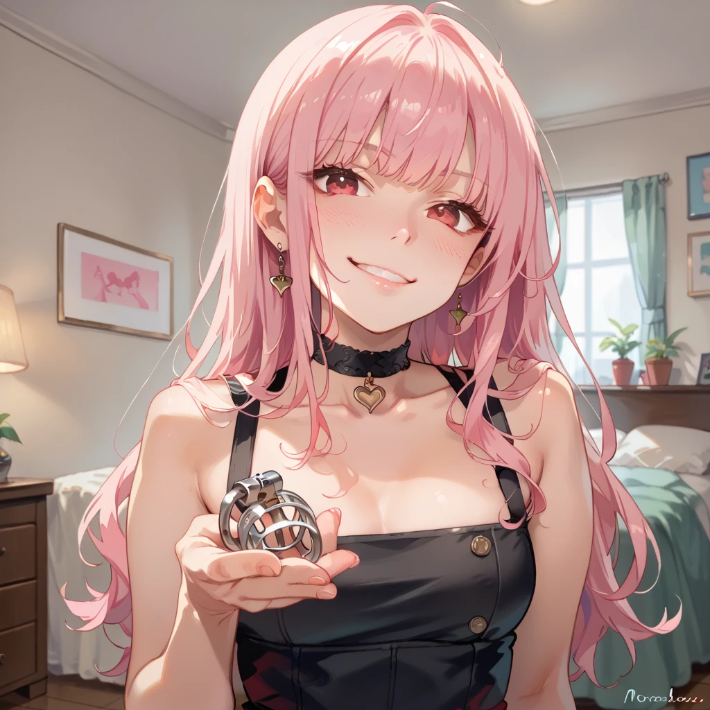 score_9, score_8_up,  highly detailed, 1girl, black skin girl, smirk , blush, ((holding chastity cage)),  choker,  moreaper, pink eyes, red eyes, pink hair, long hair,