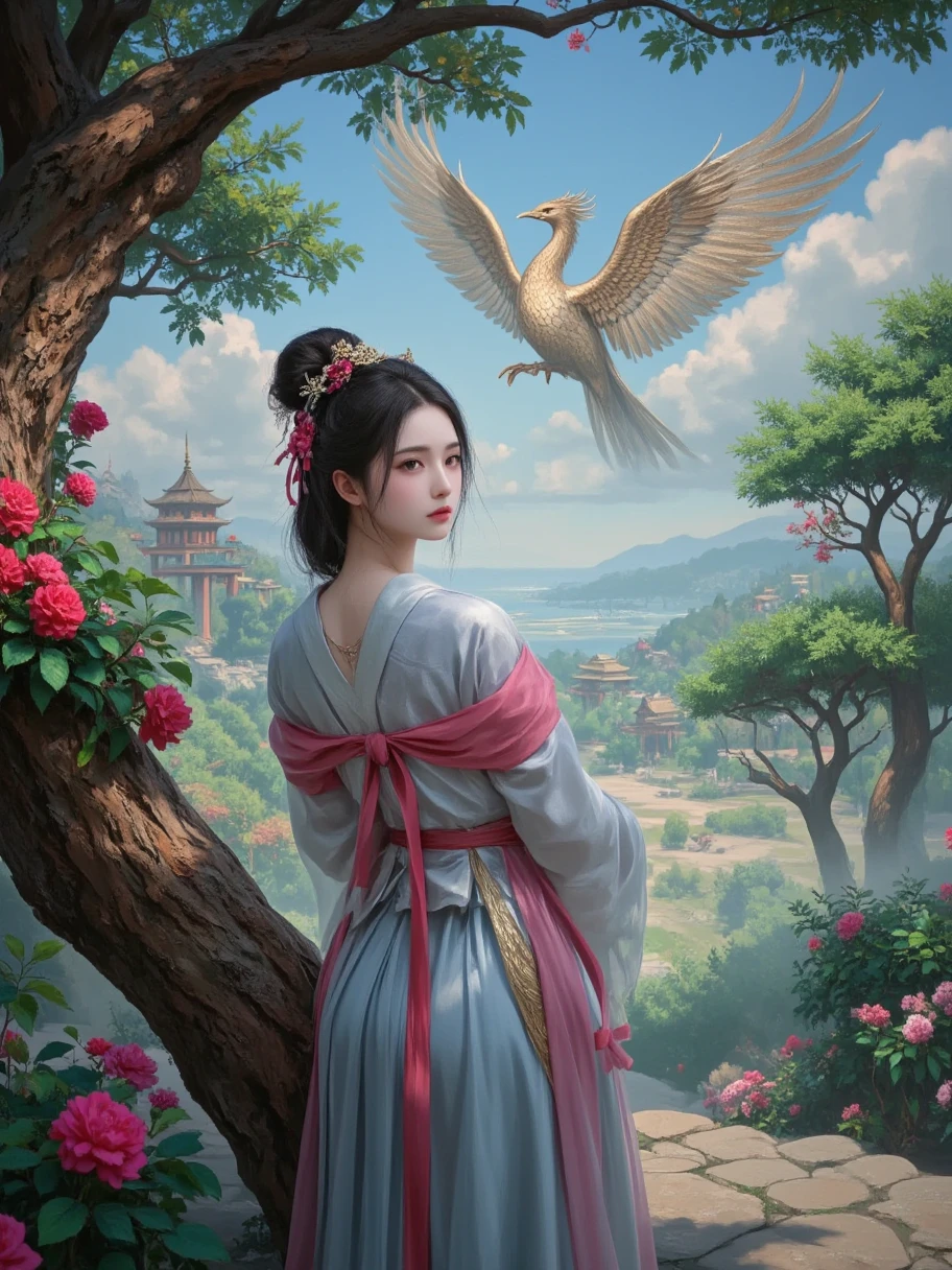 A beautiful woman with an elegant temperament, Facing the audience, wearing exquisite and gorgeous costumes from the Ming and Qing Dynasties, standing in a classical garden, The pavilions are patchwork in the garden, Greenery, shows the panorama with a top view, The light is soft natural light, It creates a quaint and elegant atmosphere, The style is similar to traditional gongbi painting, The mood is gentle and serene