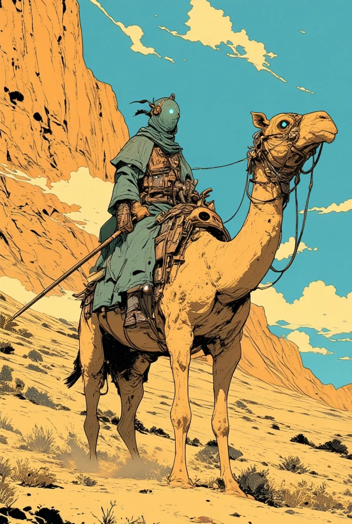  picture of a man riding a camel with a spear in his hand, journey to the west.  pop art,  desert nomad , King of the Desert, Camel God, A wise man is riding on top of it, Arabian Nights, Desert Punk, King of the Desert, folkloric Illustration, Illustration!,  Arabian samurai ,  inspired by Victor Moscoso , by Victor Moscoso 