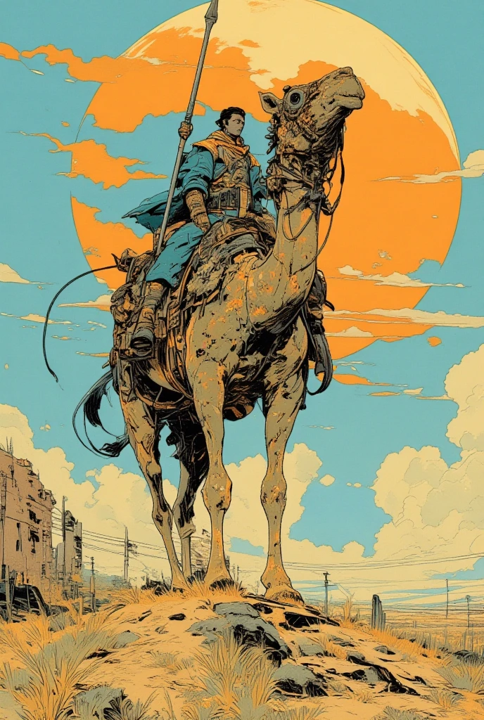  picture of a man riding a camel with a spear in his hand, journey to the west.  pop art,  desert nomad , King of the Desert, Camel God, A wise man is riding on top of it, Arabian Nights, Desert Punk, King of the Desert, folkloric Illustration, Illustration!,  Arabian samurai ,  inspired by Victor Moscoso , by Victor Moscoso 