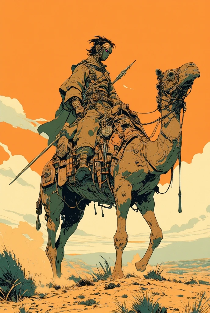  picture of a man riding a camel with a spear in his hand, journey to the west.  pop art,  desert nomad , King of the Desert, Camel God, A wise man is riding on top of it, Arabian Nights, Desert Punk, King of the Desert, folkloric Illustration, Illustration!,  Arabian samurai ,  inspired by Victor Moscoso , by Victor Moscoso 