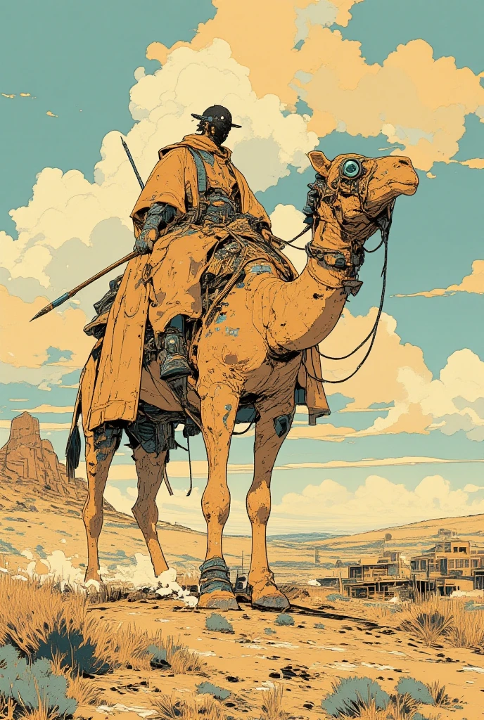  picture of a man riding a camel with a spear in his hand, journey to the west.  pop art,  desert nomad , King of the Desert, Camel God, A wise man is riding on top of it, Arabian Nights, Desert Punk, King of the Desert, folkloric Illustration, Illustration!,  Arabian samurai ,  inspired by Victor Moscoso , by Victor Moscoso 