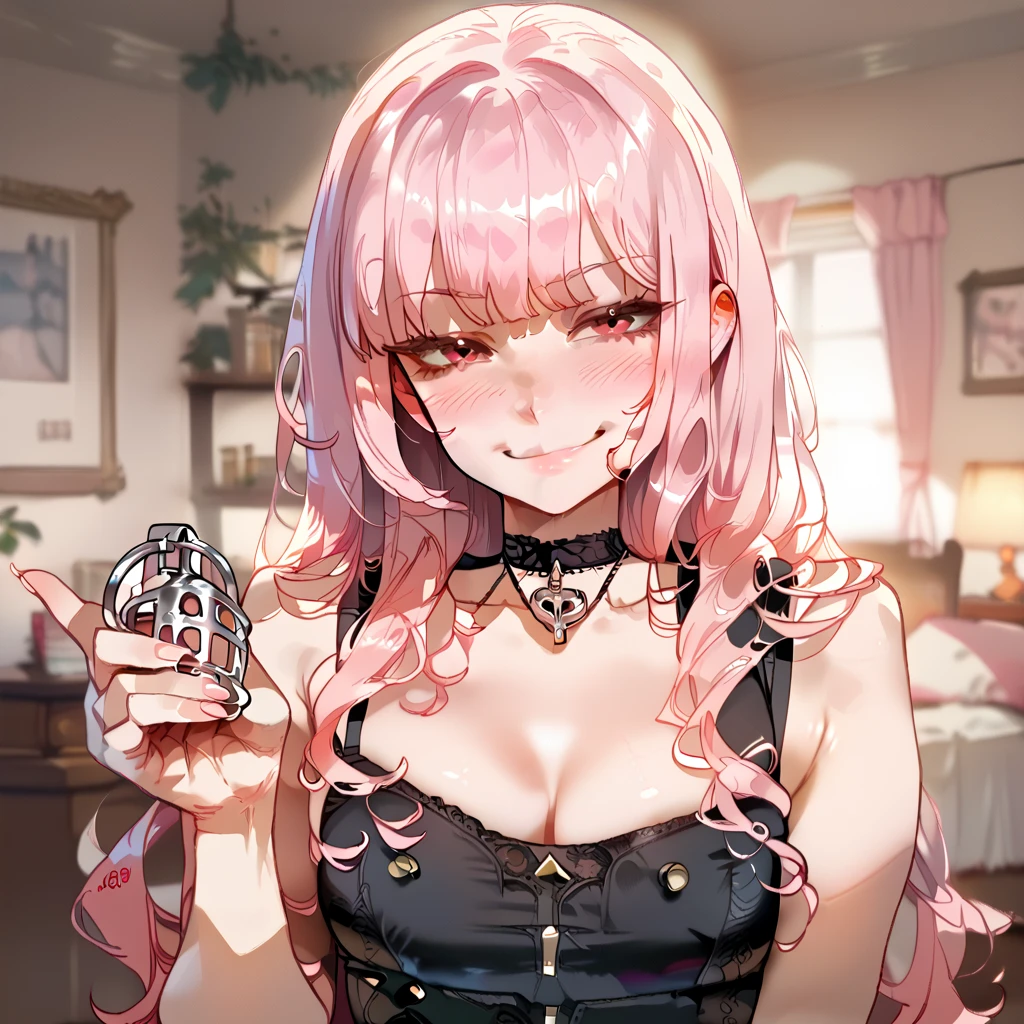 score_9, score_8_up,  highly detailed, 1girl, black skin girl, smirk , blush, ((holding chastity cage)),  choker,  moreaper, pink eyes, red eyes, pink hair, long hair, 