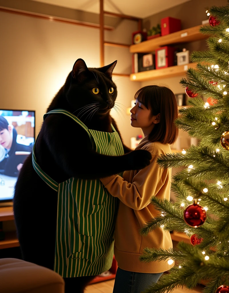 ultra-realistic, photorealistic, dramatic scene, shadow, global-illumination, (the human-like very large black cat with vertical striped green apron is decorating a Christmas tree in the stylish Japanese apartment room), the large black cat is little bit chubby, (A beautiful with cute Japanese 20 years old girl is also decorating a Christmas tree), (20 years old girl with shoulder-length brown hair), the girl looks so happy, a TV and table and shelf are in the room, gorgeously decorated with Christmas decorations