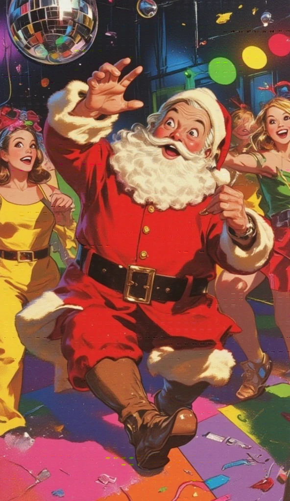 santa claus, dancing in the disco. surrounded by girls.