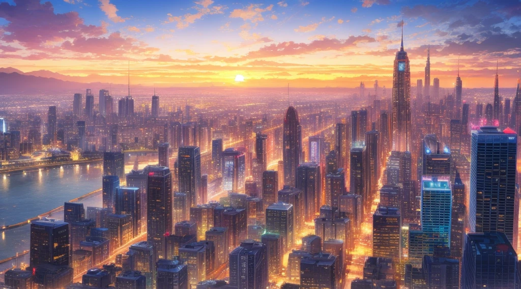 Futuristic City, mixed with nature, sunset style, ultra-high quality, ultra detailed, 4k