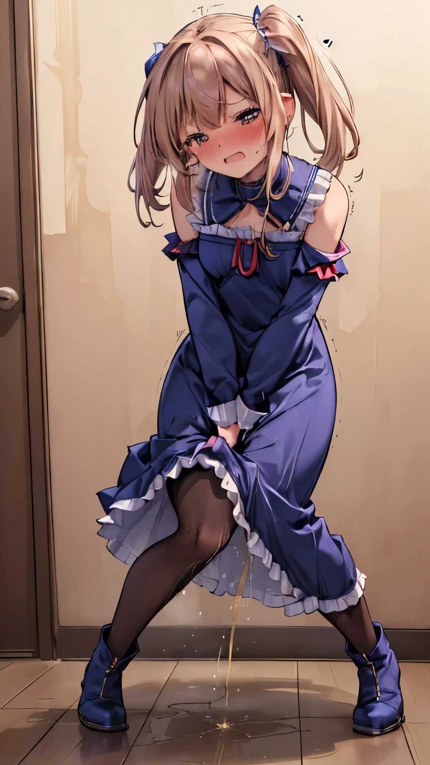 (8K, ultra-detailed, best quality, anatomically perfect body:2), (beautiful breast), shiny skin, (have to pee, shaking with the effort to hold pee), (desperate urge to pee), (very desperate to pee), (her bladder is at its limit, unable to hold pee:1.2), (Standing:1.3), (peeing self), pee puddles, (frilled maxi dress, pantyhose, ankle boots:1.3), (Untidy hair:1.4), (She rubbing her crotch very hard:1.8), (arch backward:1.4), (hand in panties:1.3), (Rub each other's thighs:1.4), (jiggled with pee-dance foot stepping:1.6), (potty dance with hip wiggling:1.8), (panting heavily), (orgasm:1.5), (full face blush:1.7), (embarrassment:1.6), (impatience:1.9), (flustered:1.5), breathless, (Humiliation), (turn on), (closed eyes:0.8), (arousal), (slightly open mouth:0.8), (SIGMA 105 mm F/2.8, 1/100 sec shutter, award-winning), restroom door that doesn't open, (ultra-detailed face), nsfw,
