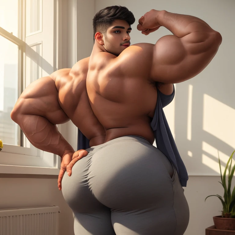 4 meter tall slightly overweight indian men. 20 years old. Childish Young hairless fresh face. In london with friend. Very sexy Posing for camera. Muscular. Wearing a henley and a tight gray sweat pants. Big ass. Smooth body and face. Belly seen. Long long legs. View from the back. Sunlight.