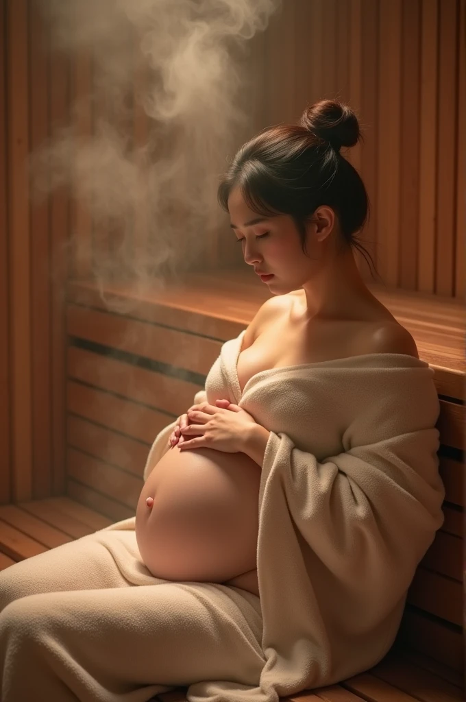 A pregnant woman，Carrying four fetuses in her belly，Sling pajamalack。Alone in the room，The amniotic water broke
