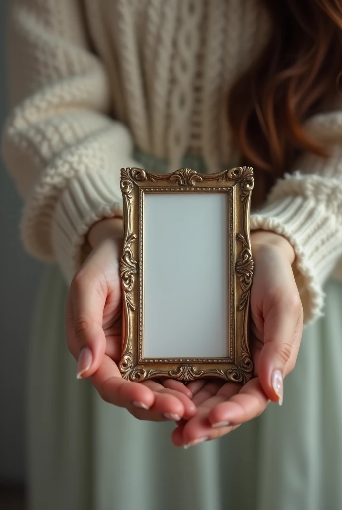 female hands holding a round large size picture frame