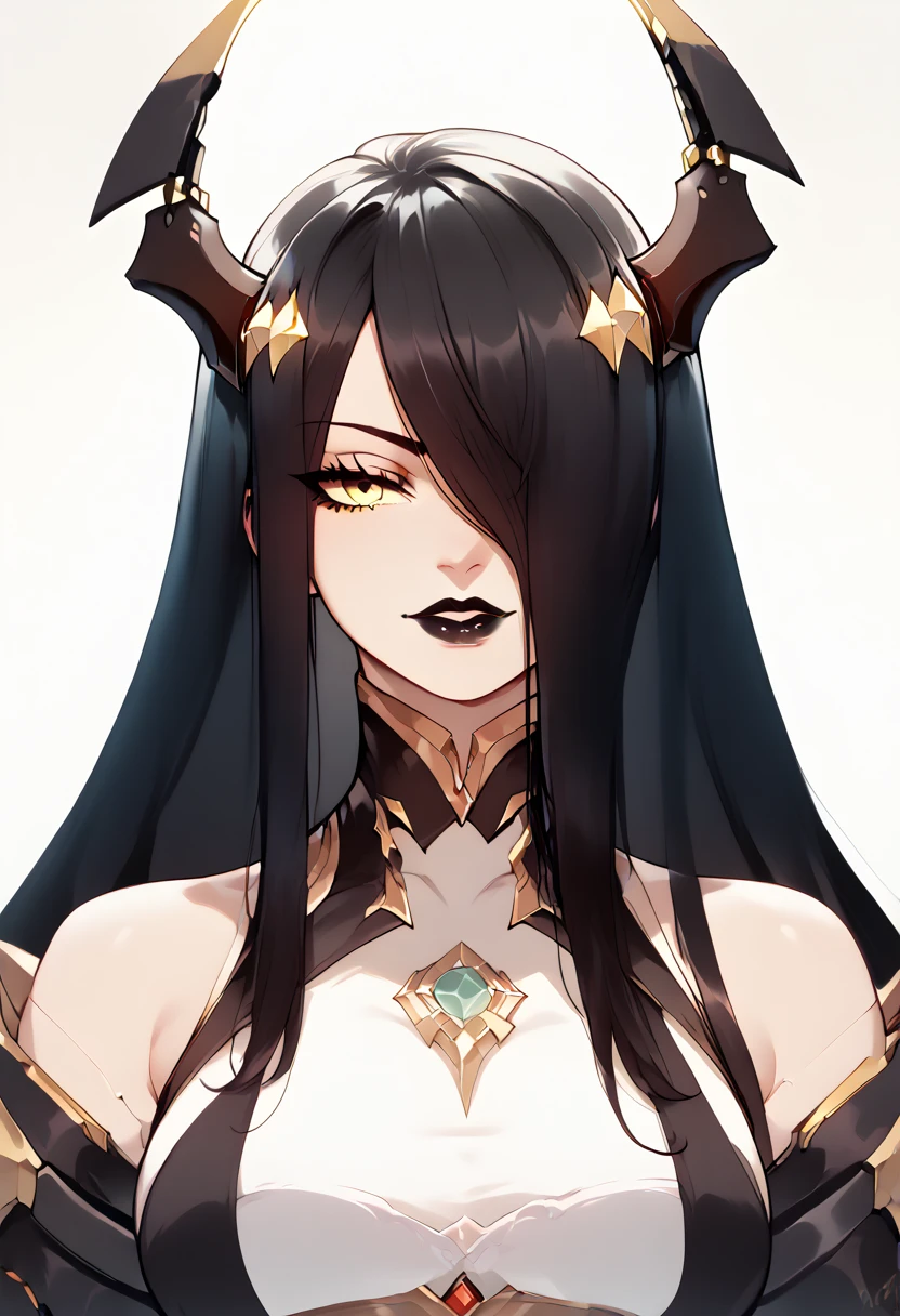 masterpiece, best quality, ultra-detailed, highres),black hair,yellow eyes,very long hair,mechanical horns,hair over one eye, black lipstick,