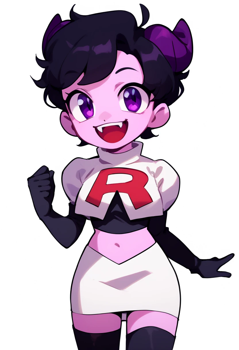 jellybean_yt, solo, looking at viewer, smile, short hair, open mouth, black hair, 1girl, white background, purple eyes, female focus, horns, teeth, colored skin, fangs, team rocket,team rocket uniform,white skirt,red letter R,crop top,black thigh-highs,black elbow gloves, source