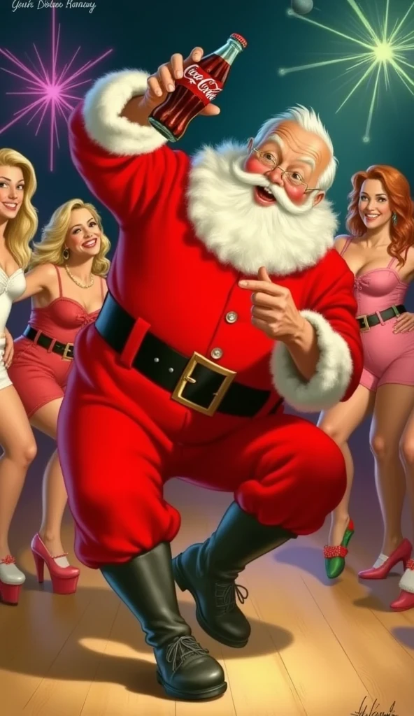 santa claus, holding a bottle of coca-cola, dancing in the disco. surrounded by girls.