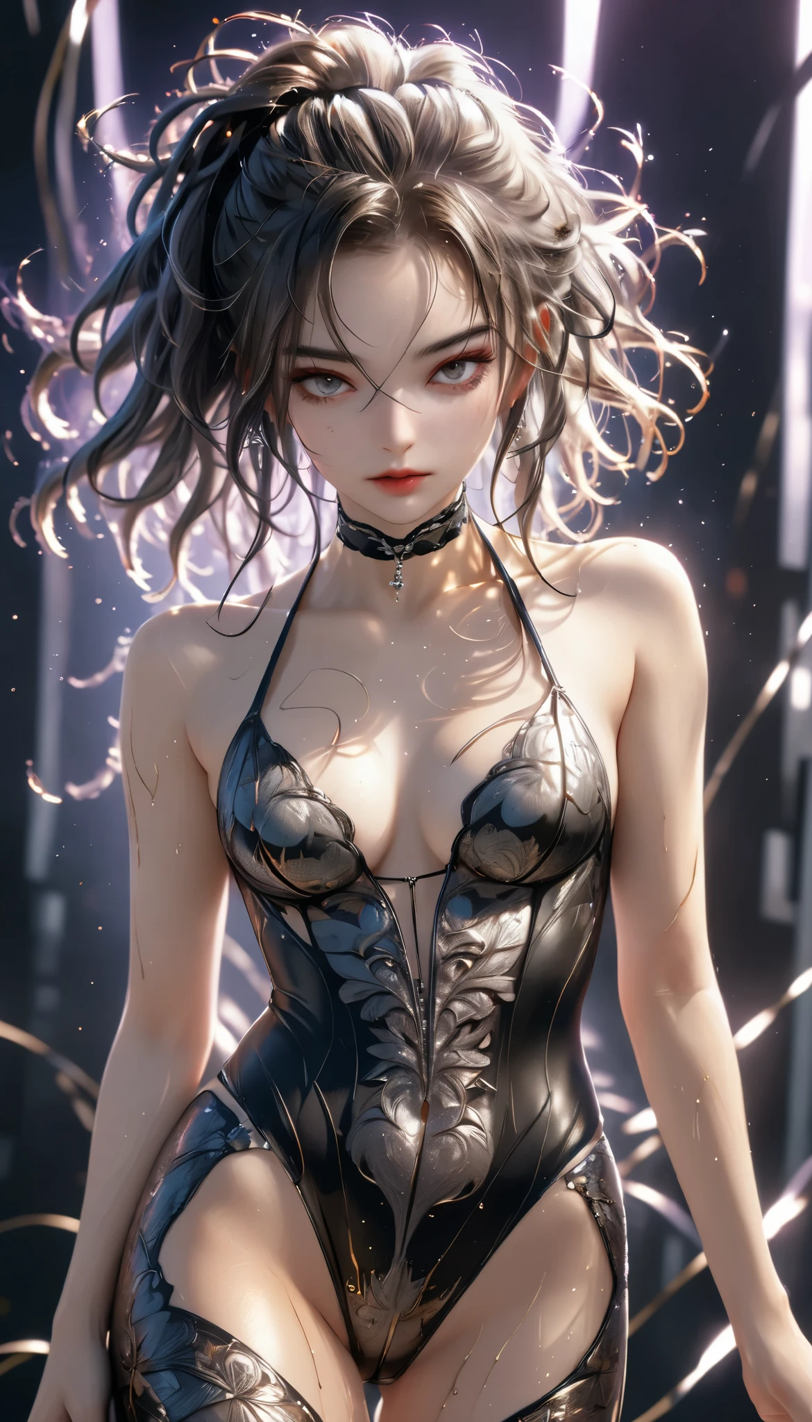 beautiful woman, cool and sadistic, amorous and lewd face, looking down with a cold gaze, make-up, beautiful messy hair, great proportion, tight suits, choker, (ultra detailed, absolutely resolution, best quality:1.3), 2.5D, delicate and dynamic, shading effects, hyper realistic, artistic photography, graphic CG digital art, (full body view:1.4)