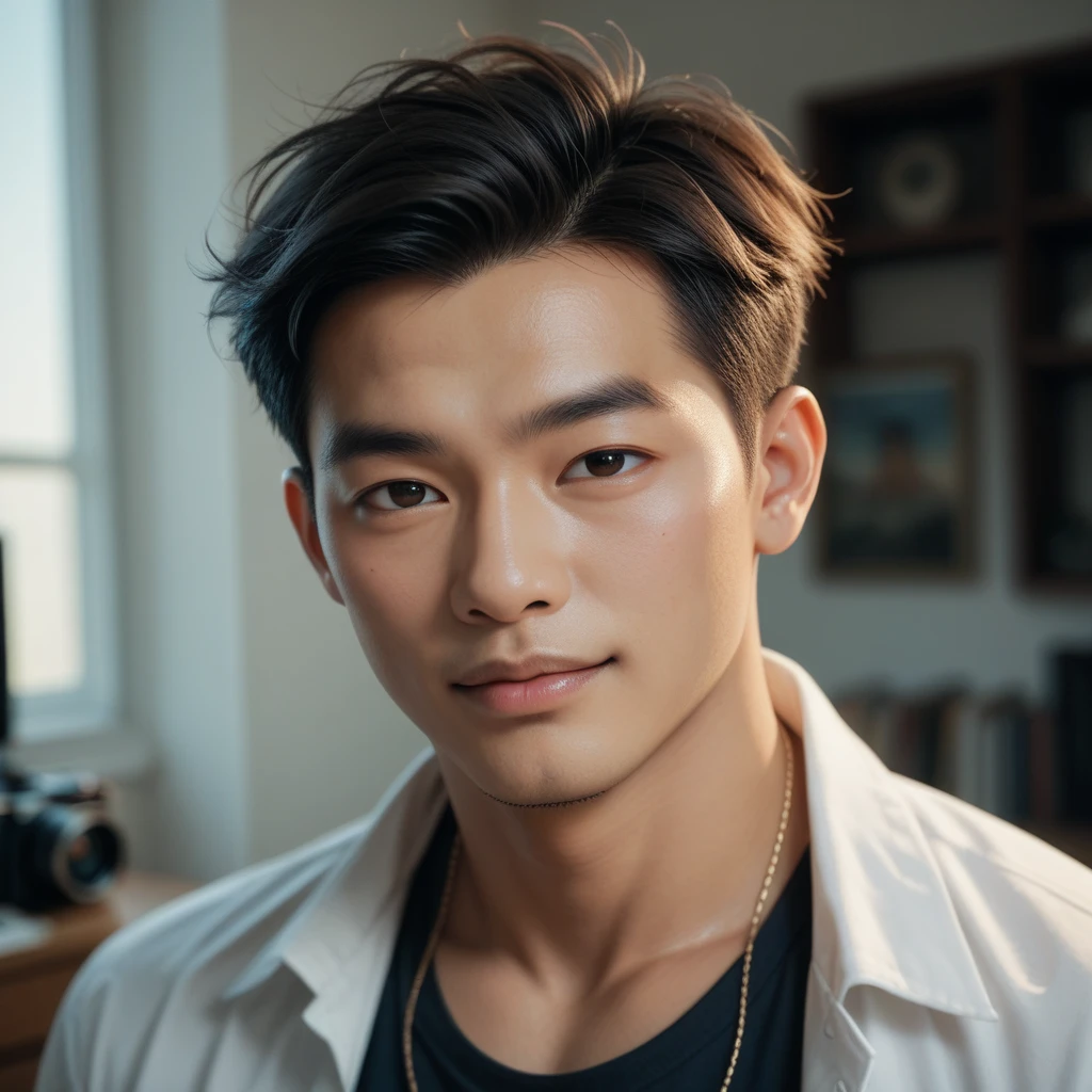 Asian man with a smart face looks right at the camera