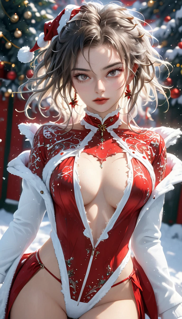 beautiful woman, cool and sadistic, amorous and lewd face, looking down with a cold gaze, make-up, beautiful messy hair, great proportion, tight suits, choker, christmas outfit, (ultra detailed, absolutely resolution, best quality:1.3), 2.5D, delicate and dynamic, shading effects, hyper realistic, artistic photography, graphic CG digital art, (full body view:1.4)