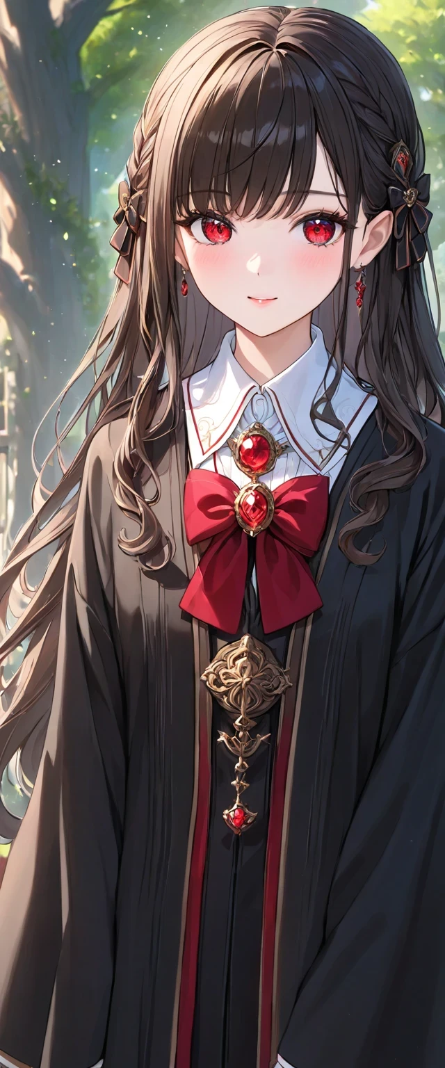 ((Best quality, 8k, Masterpiece: 1.3)), Highly detailed face and skin texture, big Black hair ribbon, brown hair, girl attending magic school, elf girl, solo, Black Robe, White blouse, red ruby ​​pendant