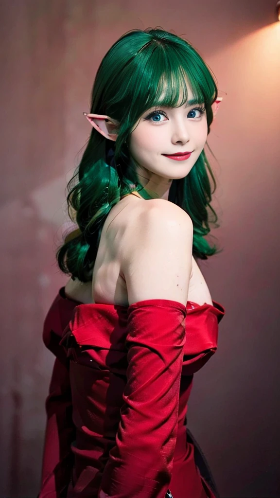 ((masterpiece,best quality,ultra-delicate,Perfect Face,16k,very detailed eyes,high resolution,very beautiful girl,sharpness,raw photo,18 years old,bright green color hair:2.0,cute,Photographed from the front)),,Red strapless bodycon tube dress with huge red bow on the back:2.0,Red long arm sleeves,Elf Girl,very huge Breasts:2.0,blue eyes, very happy smile:2.0,upper body shot,