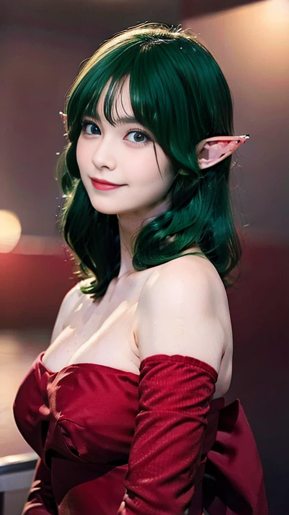 ((masterpiece,best quality,ultra-delicate,Perfect Face,16k,very detailed eyes,high resolution,very beautiful girl,sharpness,raw photo,18 years old,bright green color hair:2.0,cute,Photographed from the front)),,Red strapless bodycon tube dress with huge red bow on the back:2.0,Red long arm sleeves,Elf Girl,very huge Breasts:2.0,blue eyes, very happy smile:2.0,upper body shot,