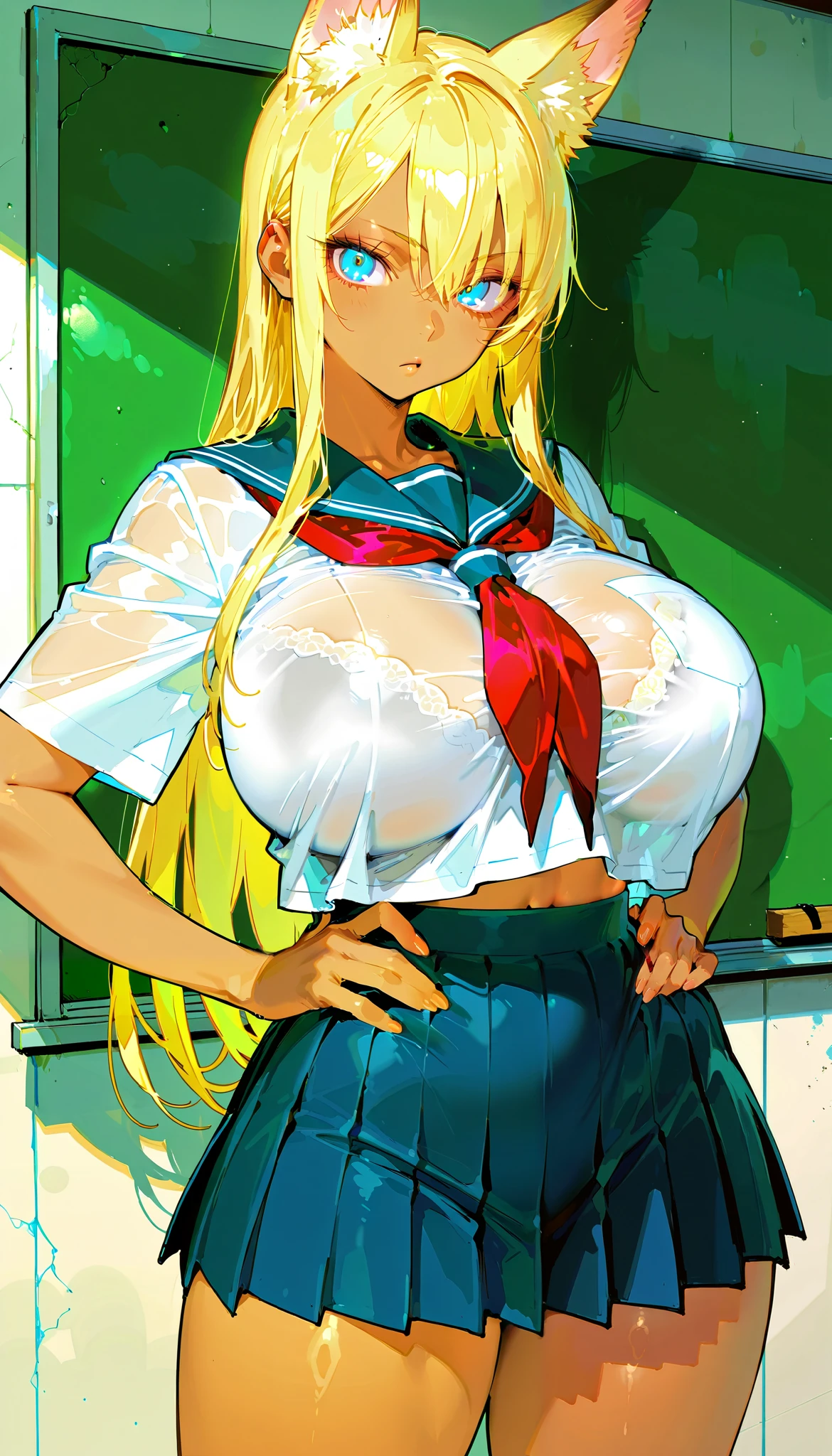 score_9, score_8_ up, score_7_ up,( High Quality , High Definition ),(Brown Skin:1.3),( fox ears), big eyes, clear eyes, perfect eyes,(目の上に long hair),(( side part hair )), blondes, long hair, straight hair ,Delinquent Girl, gal,((huge breasts)),((School Uniform)),(Curvy),( Wide Hips),Fight