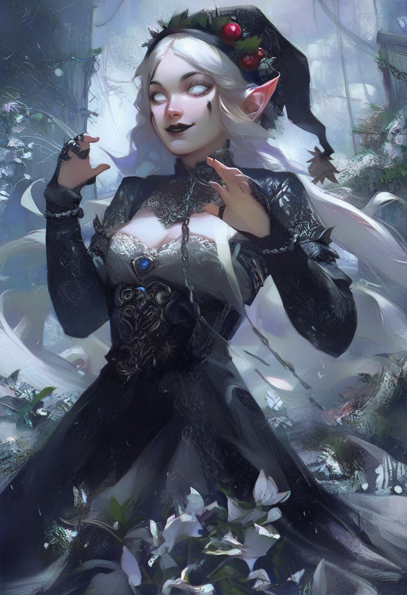 masterpiece, elf woman, solo,young, pale, (very long hair), very straight hair, white hair, black lipstick, white eyes, (white velvet lace dress), maniac smile, two ponytails, black eyebrows, in a snow dead cemetery garden, cute, closeup, expressionless, black christmas hat, evil pose, big silver chains around 